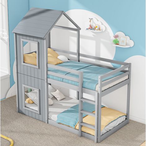 Etagenbett Kinderbett 90x200 Hausbett aus Kiefer Grau OKMYHOME (1/5)