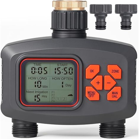 TLGREEN Programmateur Arrosage Automatique 2 Voies, Minuterie d'arrosage Retard de Pluie, IP66 Programmateur Robinet arrosage avec Entrée en Laiton pour Pelouse et Jardin (1/5)