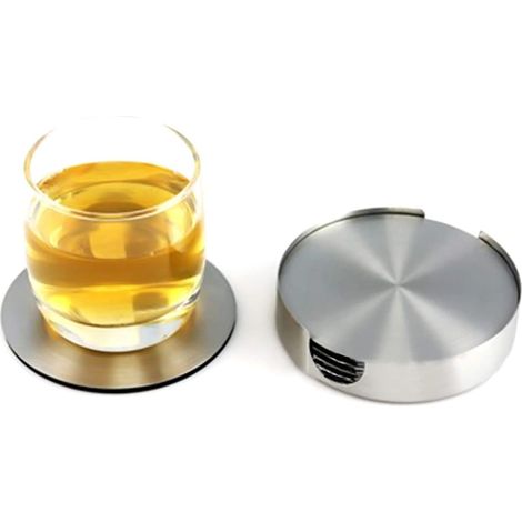 Lot de 6 sous-verres ronds en acier inoxydable avec base en EVA et semelle antidérapante, adaptés aux cafés, hôtels et à un usage domestique. (1/5)
