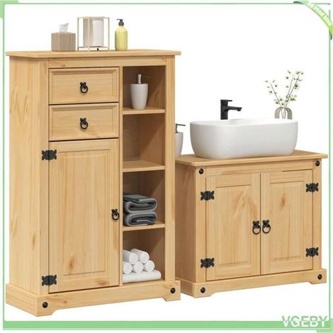 Ensemble de meubles salle de bain 2 pcs - Corona - Pin massif - Finition cire miel - Grand rangement (1/5)