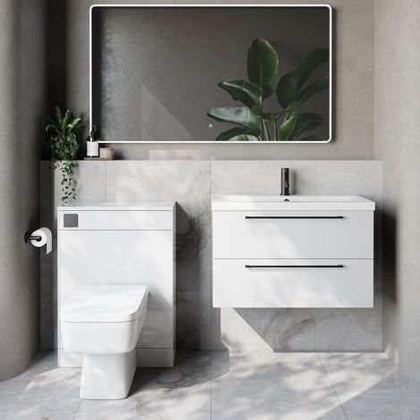 Napoli 390 Cento Gloss White 1400mm Wall Mounted 2 Drawer Vanity Unit and Toilet Suite with Glide Basin - 1400mm - Matt Black 480mm HandleWith Kingston Toilet Pan and Seat