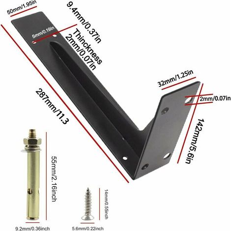 Set mit 2 Regalträgern (290 mm), robust, zur Wandmontage, inklusive Schrauben, schwarz, Tragkraft: 150 kg/330 lbs