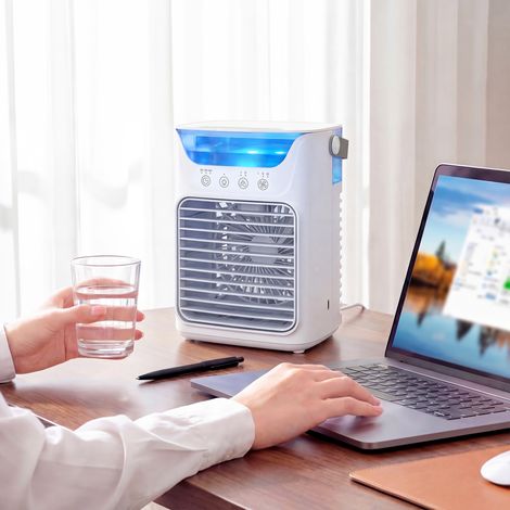 Ventilatore da Tavolo con 3 Velocità, Luce RGB e Testa Regolabile, Bianco