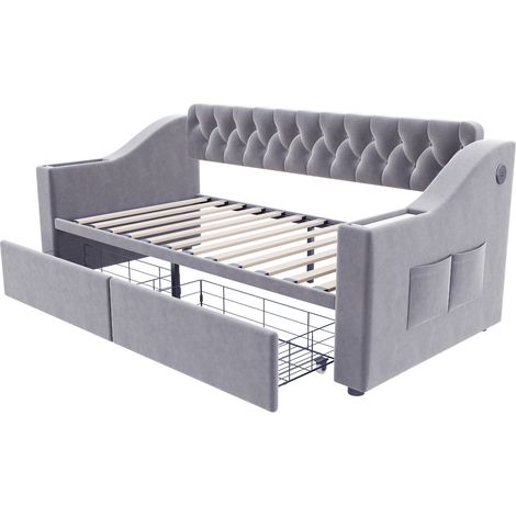 Cama banqueta acolchada 90 x 190 cm en terciopelo gris claro con USB y almacenaje (1/5)