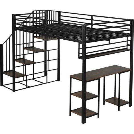 Lit mezzanine en métal avec bureau et étagère de rangement 120x200 cm noir (1/5)