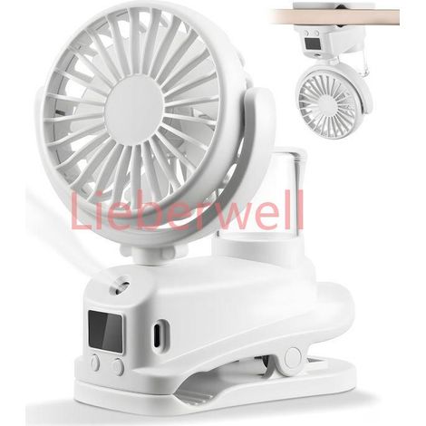 ®RisingFF Ventilateur brumisateur à pince avec affichage LED, ventilateur portatif à 4 vitesses, ventilateur portable USB (blanc) (1/5)