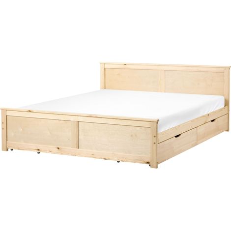 Storage Bed with 4 Drawers Natural Pine Wood MDF Birch Wood EU Super King Size 6ft Headboard Scandinavian DAUPHIN