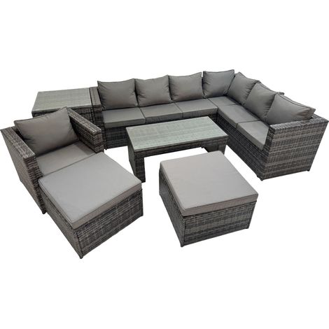 Fimous Outdoor Rattan Oblong Coffee Table Corner Sofa Sets Garden Furniture Set with Chair 2 Big Stools Side Table Dark Grey Mixed (1/5)