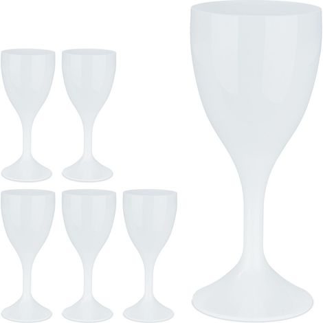Relaxdays Verre à vin en plastique, lot de 6, plastique robuste, sans BPA, 250 ml, réutilisable, camping, blanc