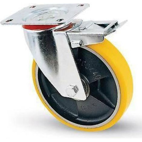 Ruote industriali poliuret. nucleo ghisa e piastra girevole freno 24 - Specifiche: Ø mm 100x25 piastra mm 100x85 128h  120daN