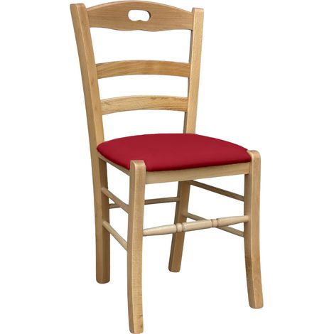 Sedia legno Loris naturale con seduta imbottita ecopelle rosso