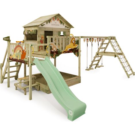Torre de juegos Wickey parque infantil Disney Quest con columpio y tobogán, casita de zancos con arenero, escalera para trepar y accesorios de juego - CERO