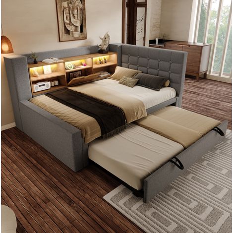 CHICFURN Letto 90x200 in tessuto grigio con LED e letto estraibile 90x190, senza materasso