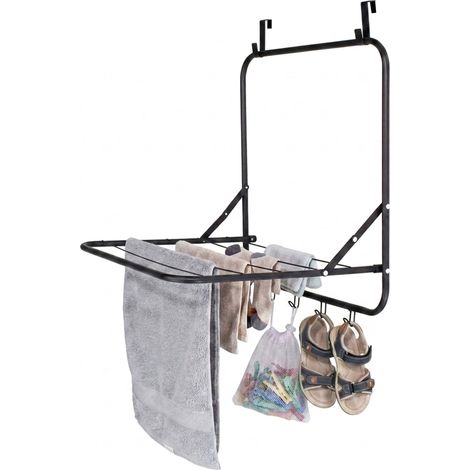 Relaxdays Door-mounted clothes rack, 2.4 m drying length, foldable, 4 hooks, steel, black