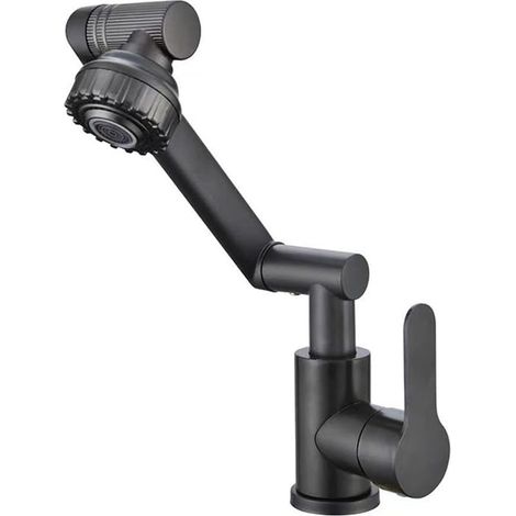 Robinet Cuisine Rabattable, 1440°Flexible Rotation Mitigeur Cuisine,2 modes de bec eau chaude et froide en cuivre, pour cuisine et salle de bain,avec tuyaux d'arrivée d'eau chaude et d'eau froide,gris (1/5)