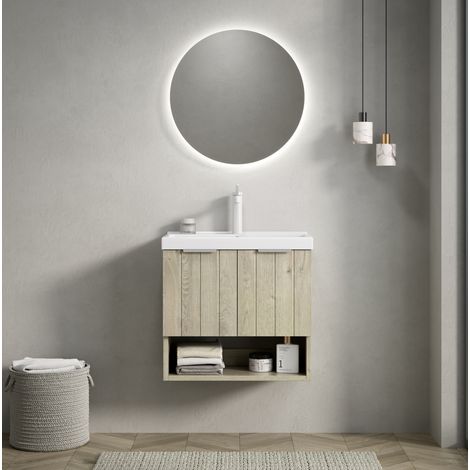 Meuble lave-mains suspendu en céramique blanc et bois off white, 55 cm, avec 2 portes et étagère ouverte (1/5)