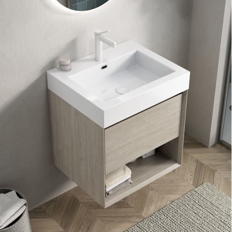 Mobile bagno sospeso con lavabo 55 cm, bianco e rovere chiaro HAVRYA (1/5)