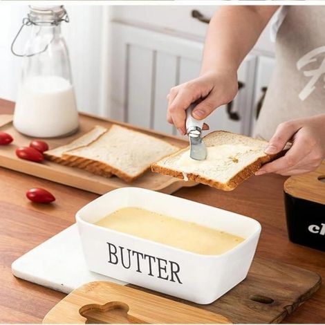 Beurrier en céramique avec couvercle en bois, boîte à beurre naturelle avec couvercle en bois scellé et couteau à beurre, boîte à (1/5)
