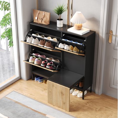 Meuble à chaussures en MDF noir et bois clair 100 x 25 x 100 cm, banc coulissant, rangement ouvert et double étagère, capacité 12 à 16 paires – de FLORAGRACE (1/5)