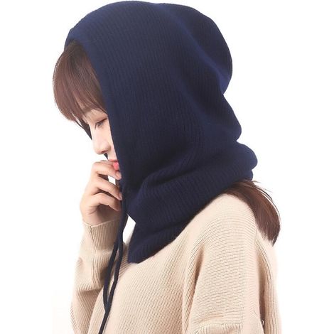 Cagoule d'hiver, masque tricoté, cagoule de ski, bonnet unisexe, capuche tricotée, écharpe, protection auditive, protection pour le cou, rembourrée pour rester au chaud, bleu marine, 50 x 30 cm (1/5)