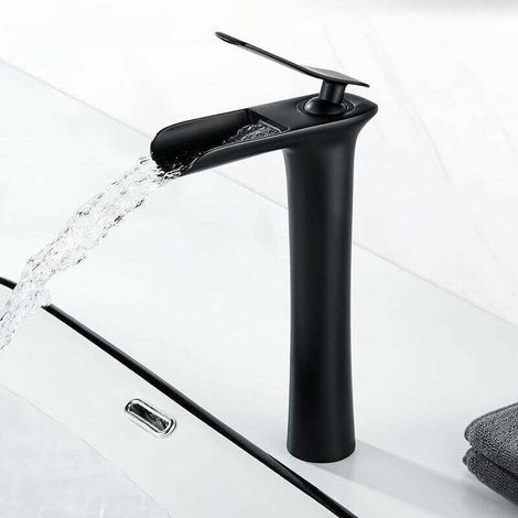 Robinet salle de bain cascade noir mat, mitigeur lavabo haut avec bec de 235mm. Laiton, eau froide et chaude, connexion G 3/8", design contemporain. (1/4)
