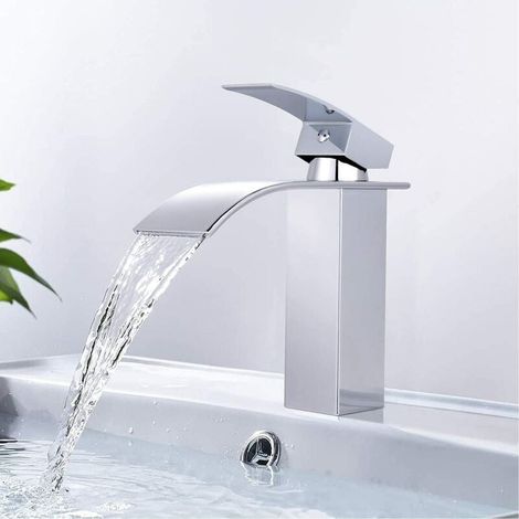 Waterfall Basin Faucet, Brass Bathroom Faucet, Basin Mixer Tap with Large Water Outlet, Hot and Cold Water Available DBWF01BT MUMU (1/4)