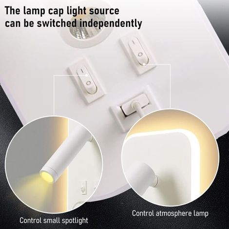 Applique murale LED, liseuse de chevet avec interrupteur, port de charge USB, éclairage d'ambiance réglable pour chambre à coucher (lumière naturelle 3 W + lumière chaude 10 W) Blanc (1/4)