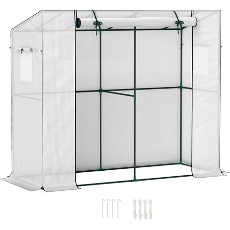 Mini serre adossée avec porte enroulable et fenêtres en filet, résistante aux UV, pour fleurs, semis, plantes, blanche (1/5)