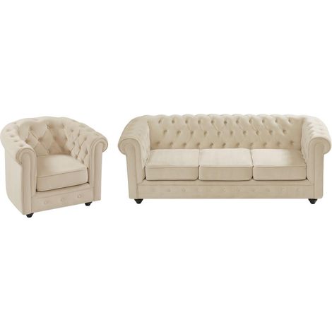 Divano 3 posti e poltrona in Velluto Beige - CHESTERFIELD