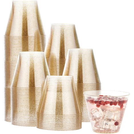 120 Gobelets, Plastique Rigide, Paillettes Dorées, 255ml, Réutilisables, Fêtes, Mariages (1/5)