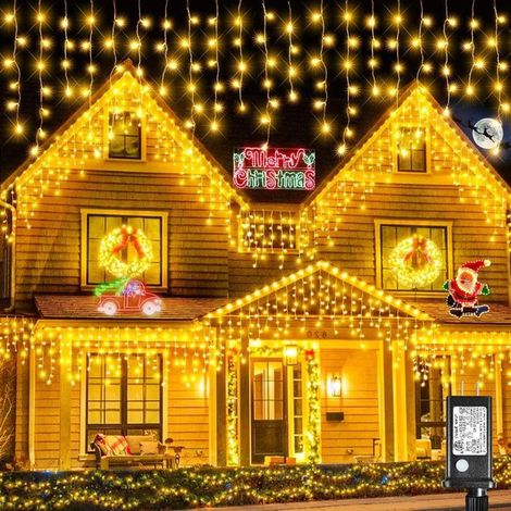 1 pièce Rideau Lumineux Noël, 400 LED 10 m, 8 modes d'éclairage, blanc chaud, IP44, pour balcon terrasse mariage et décoration intérieure/extérieure