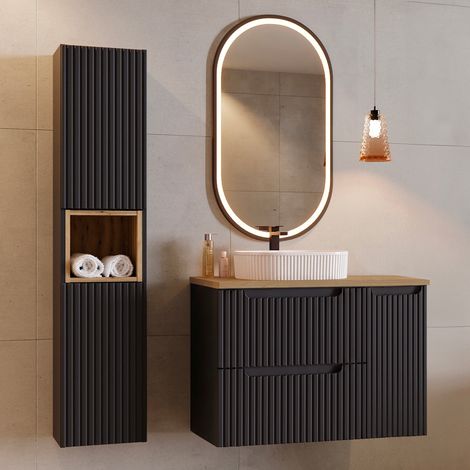 Waschtisch-Set mit Einzelwaschbecken (90 cm), 2 Schubladen, 1 Tür und Hochschrank, Riva Schwarz und Holz (1/5)