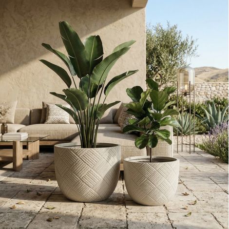 Lot de 2 pots de fleurs ronds 37x28 cm et 45x35 cm avec drainage, magnésium oxyde, intérieur extérieur - gris (1/5)