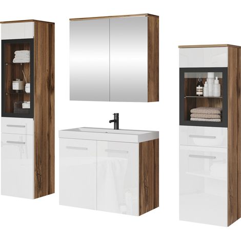 Conjunto de mueble de baño Sarasota 140, Blanco brillante + Roble wotan (1/5)