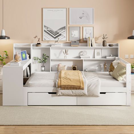 Lit coffre banquette 90x200 avec rangement intégré - bureau et étagères - tiroirs et prises usb - blanc (1/5)