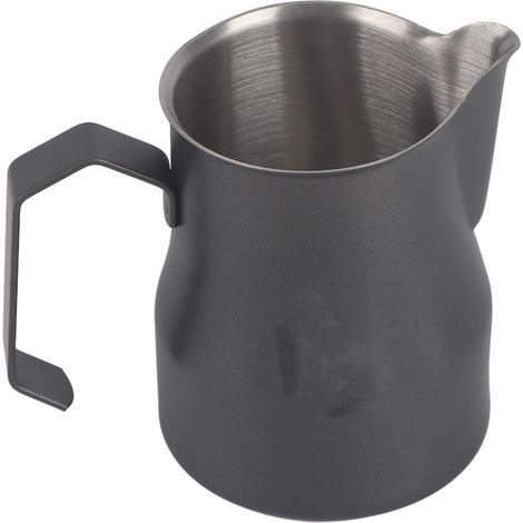 Pot à lait inoxydable 304 avec bec verseur long et manche ouvert, 500ml, idéal pour mousser le lait à la maison ou au bureau, couleur argent et noir. (1/5)