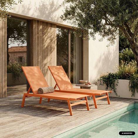 sweeek - Lot de 2 transats. 5 positions. en textilène orange et métal L155 x P59 x H106cm