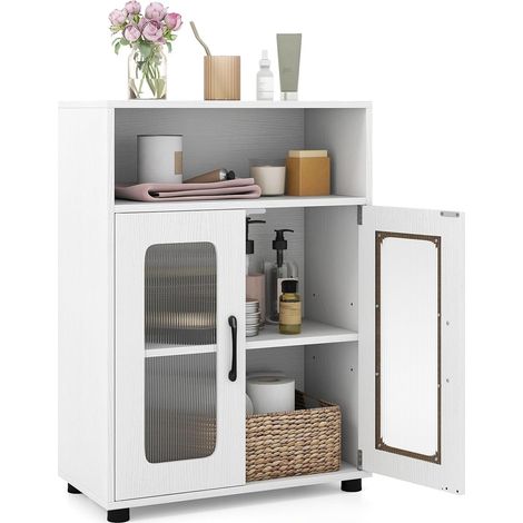 COSTWAY Armoire de Salle de Bain, Meuble de Rangement avec 2 Portes Vitrées, Compartiment Ouvert, Étagère Réglable, pour Salle à Manger, Cuisine, Salon, Buanderie, 30 x 60 x 83 cm (Blanc) (1/5)