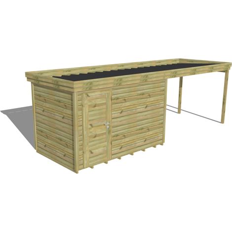 ABRI DE JARDIN bois Pin autoclave 27mm - 6,94x2,14m / 14,9m2 - Bac acier - Plancher bois