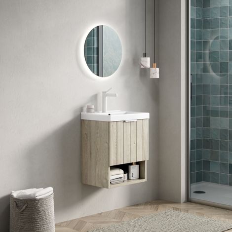 Waschtischunterschrank mit Keramikwaschbecken, Multiplex und Massivholz, Off-White/Weiß, wandhängend mit offenen Fächern