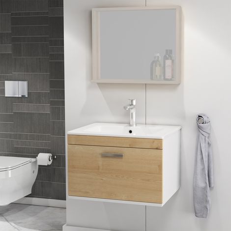 RUBITE Meuble salle de bain simple vasque 1 tiroir chêne clair largeur 60 cm (1/5)