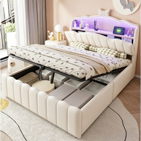 Kinderbett 140x200 cm beige aus Samt und Metall mit LED-Beleuchtung, USB-Anschlüssen und Stauraum (1/5)