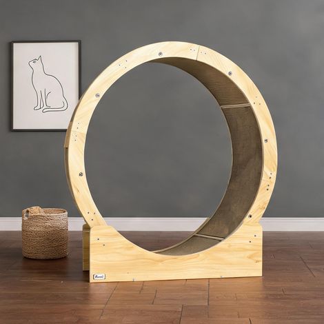 Roue d'exercice pour chat en chêne avec frein et griffoir en bois (1/5)