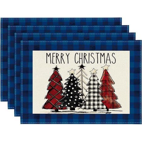 (30 x 45 cm) Aquarellblaue Tischsets mit Büffelkaromuster und Weihnachtsbaum-Motiv, 4er-Set, Winter-Tischsets für Gartenpartys, Familienfeste, Küche und Esszimmer (1/3)