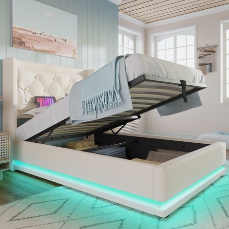 DESVIAE Lit simple rembourré avec rangement hydraulique et tête de lit capitonnée avec ports USB Type C LED 3 côtés 90 x 200 cm blanc (1/5)