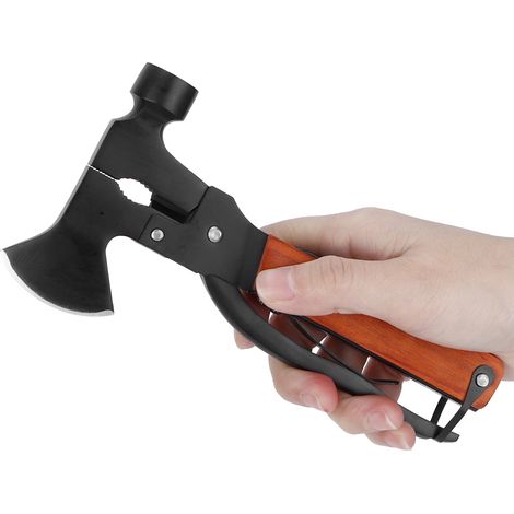 Marteau Multifonction 15 en 1 pour Camping et Survie avec Tournevis, Pince et Ouvre-Bouteille (Finition Bois)