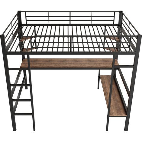 Cama alta 90 x 200 cm de metal negro con escritorio, estantes y librería (1/5)