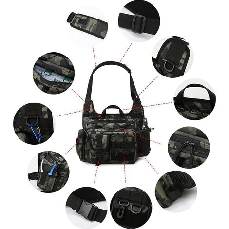 Borsa a tracolla da pesca, borsa porta attrezzi da pesca con portacanna, marsupio da pesca, borsa a tracolla per pesca all'aperto, escursionismo, campeggio (1/4)