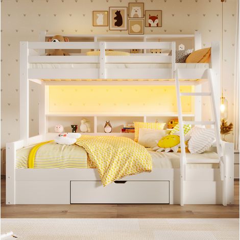 Letto a castello bambini 90x200 + 140x200 cm in pino bianco con LED - MEUBLIV (1/5)