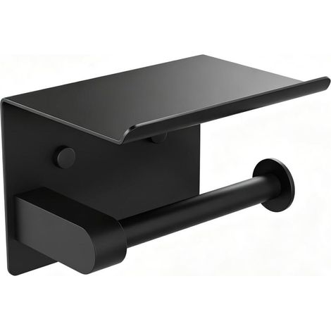 Porte Papier Toilette Mural avec Étagère, Dérouleur Papier Toilette en Acier Inoxydable, Support Papier Toilette Auto-Adhésif ou avec Vis, Porte Rouleau WC pour Salle de Bain, Noir (1/5)